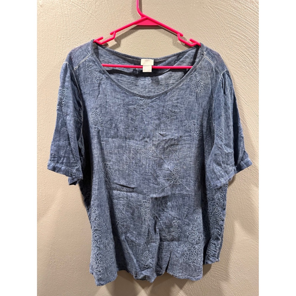 Chicos Blue Linen Embroidered Short Sleeve Top Size 2 Large Floral Scoop Neck